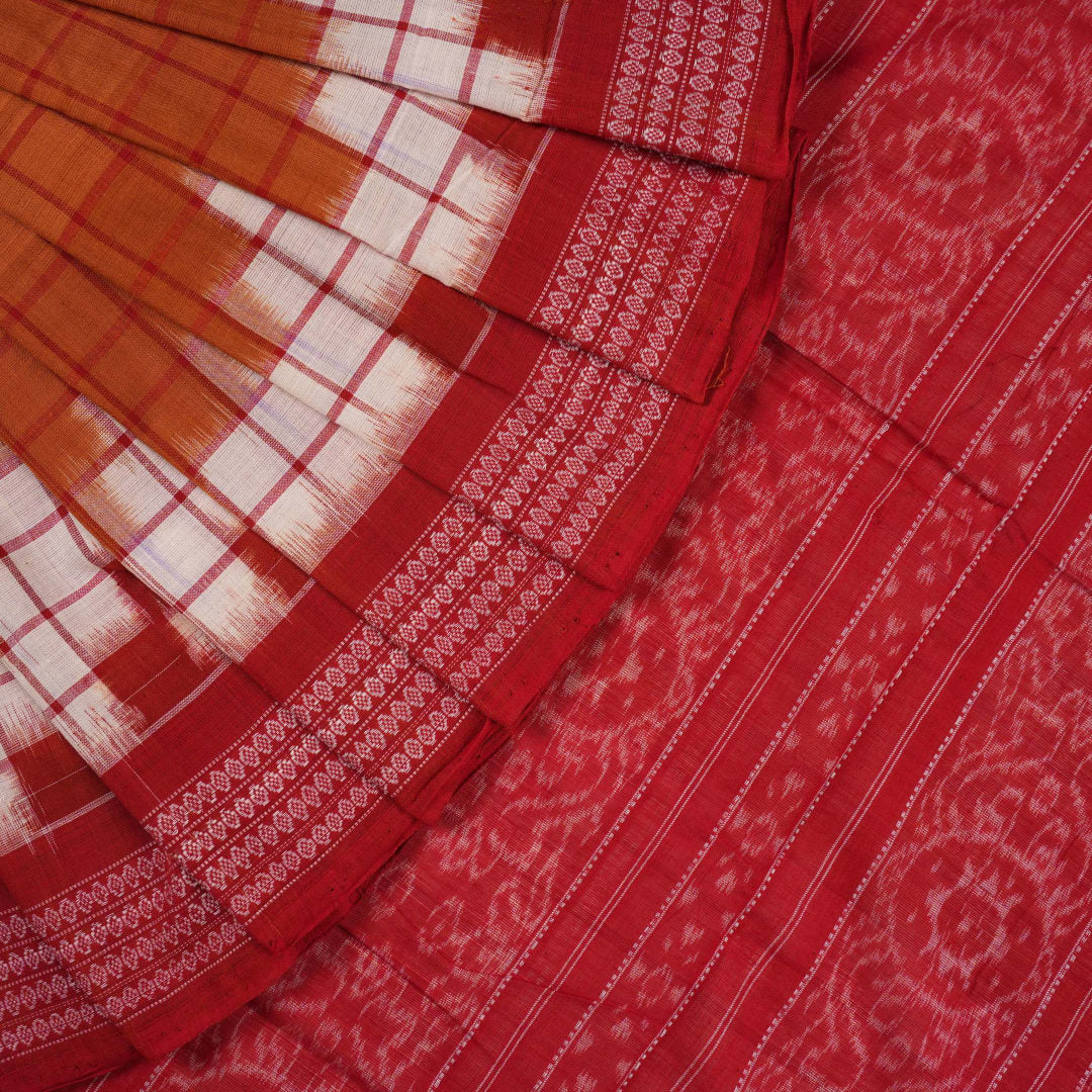 Elegant drape of a brown and red Pasapalli Sambalpuri cotton saree on a model for styling