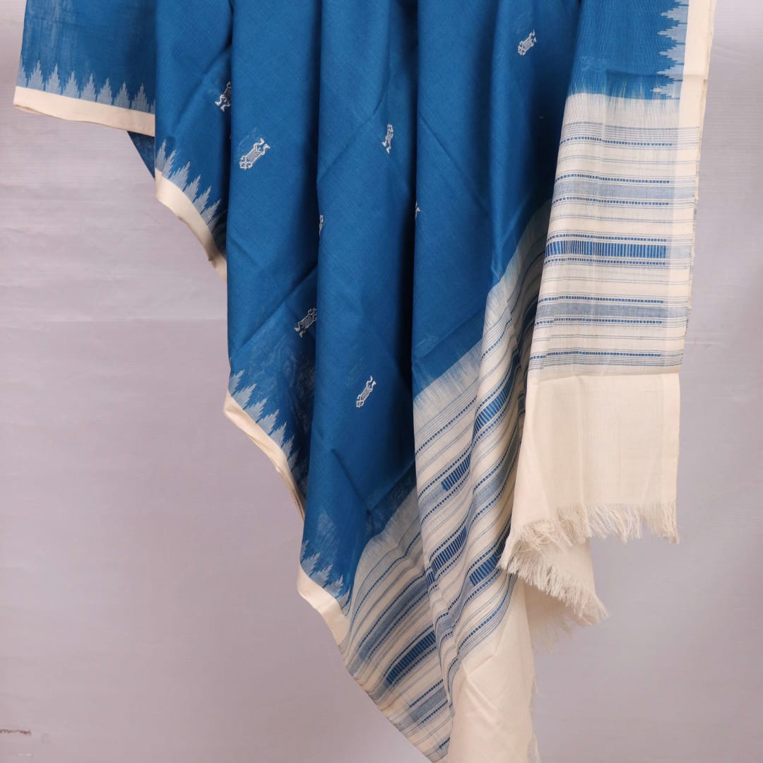 Styling view of a blue and white cotton Sambalpuri dupatta with buta pattern
