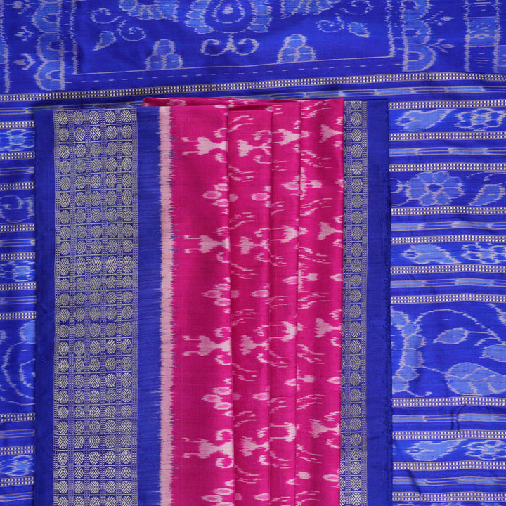 Close-up showing the luxurious handloom silk fabric texture and fine weave of the pink Sambalpuri saree.
