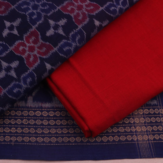 Detail of Sambalpuri blue and red cotton dress material blouse piece, featuring motifs.