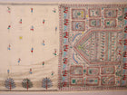 Close-up of the white silk saree fabric texture, showcasing the handloom weave and painted Patachitra details.