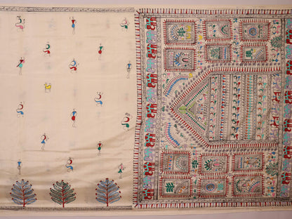 Close-up of the white silk saree fabric texture, showcasing the handloom weave and painted Patachitra details.
