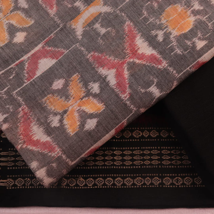 Grey and black Sambalpuri cotton dress material blouse piece with motifs.