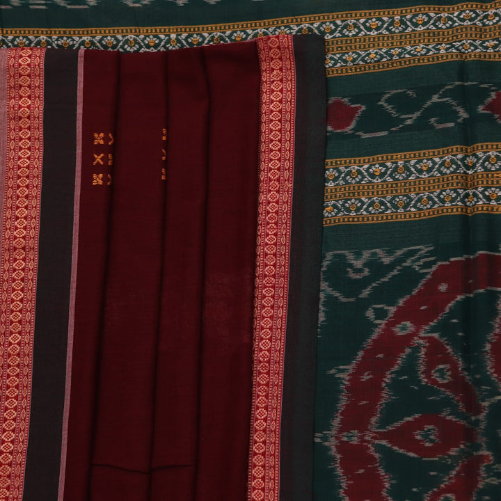 Full view of a maroon and green cotton Bomkai saree with a butta pattern.