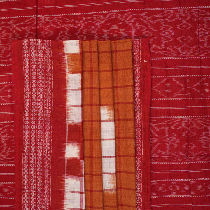 Elegant drape of a brown and red Pasapalli Sambalpuri cotton saree on a model for styling