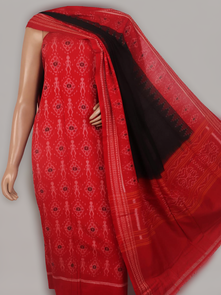 Detail of red and black motif Sambalpuri cotton dress material blouse piece.