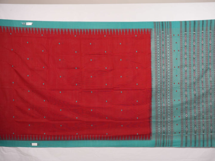 Full flat layout view of the red and green Sambalpuri cotton saree showcasing the butta pattern and borders.