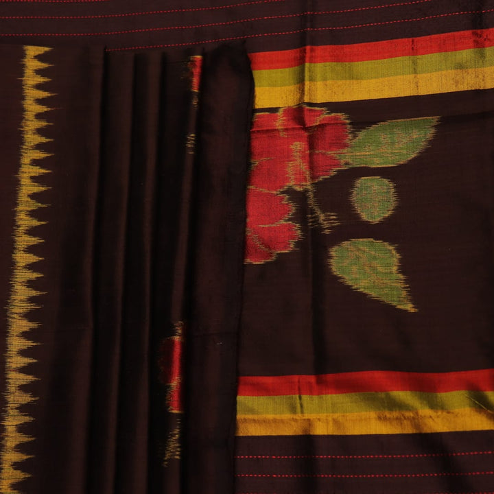 Full view of a brown and brown Khandua silk saree with intricate motif pattern.