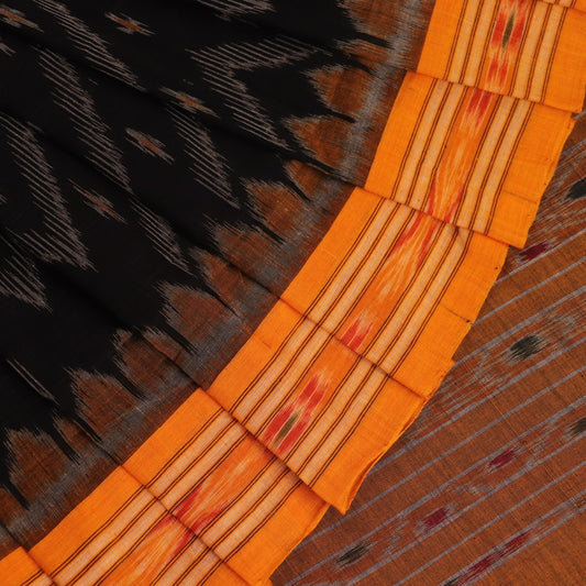 Black and yellow cotton Sambalpuri saree with motifs, styled and draped elegantly