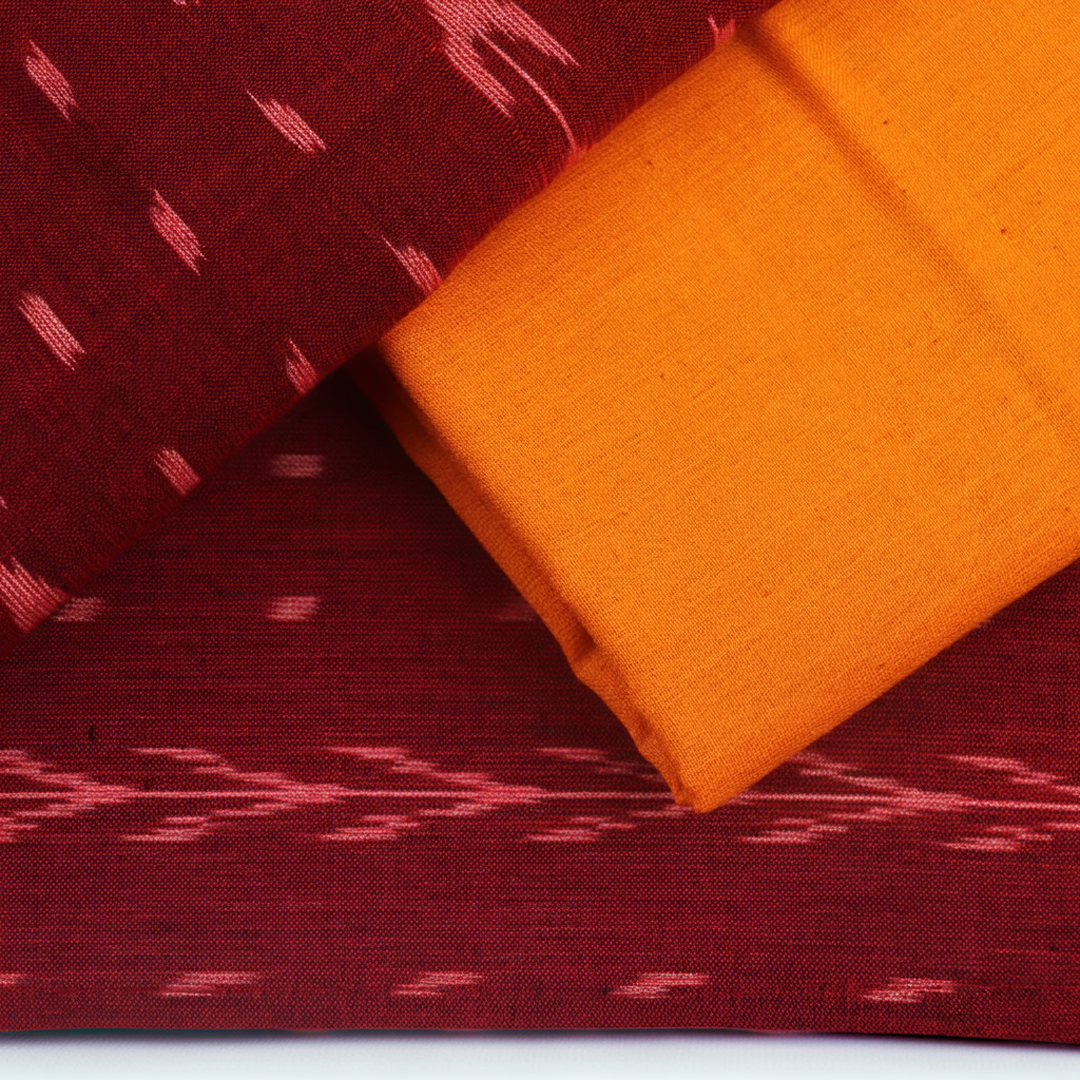Detail of maroon and yellow motif Sambalpuri cotton dress material blouse piece.