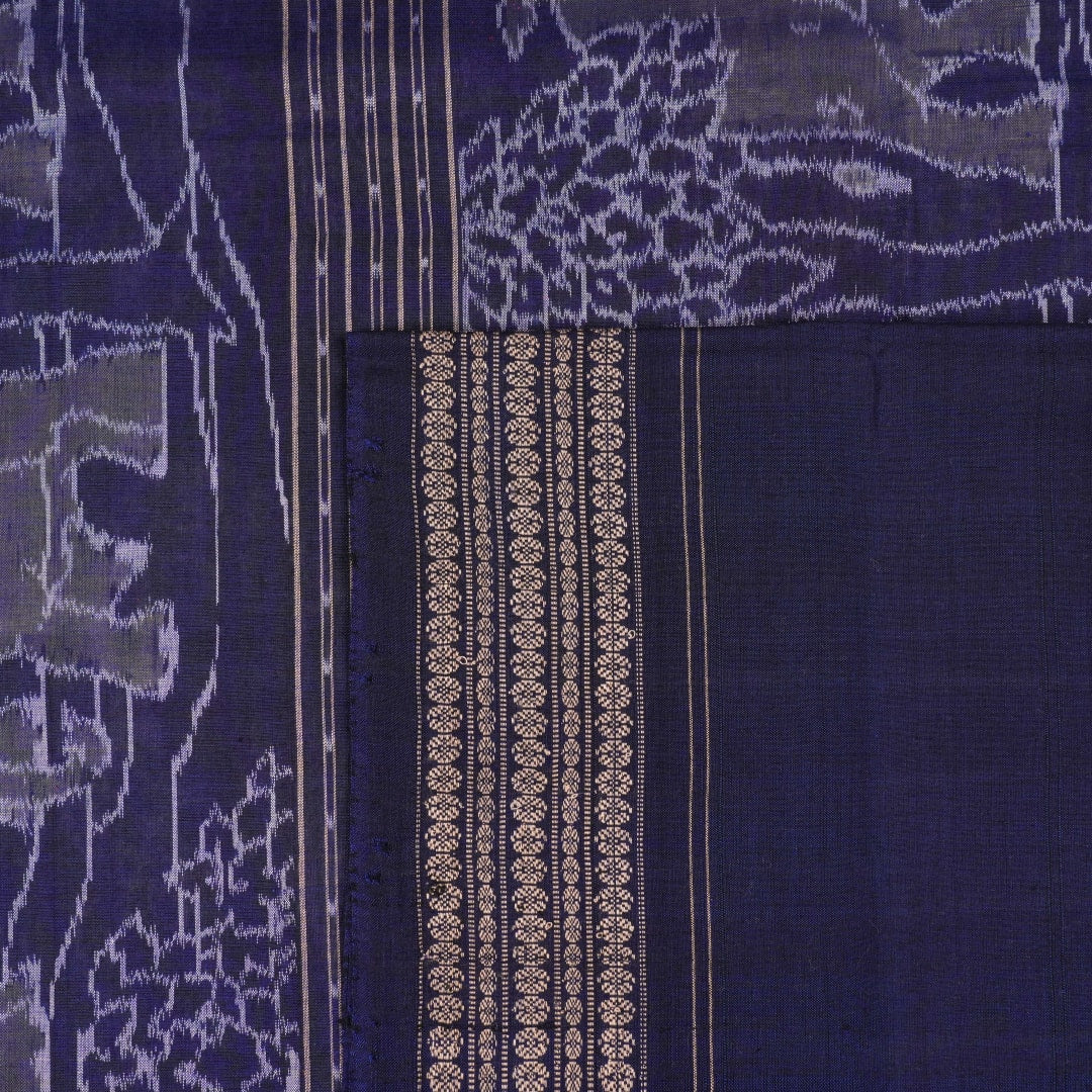Full layout of the grey and blue Sambalpuri cotton saree displaying the body, border, and intricate pallu