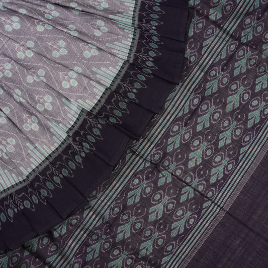 Full product layout of the grey and blue Sambalpuri cotton saree showing body motifs and pallu detail.