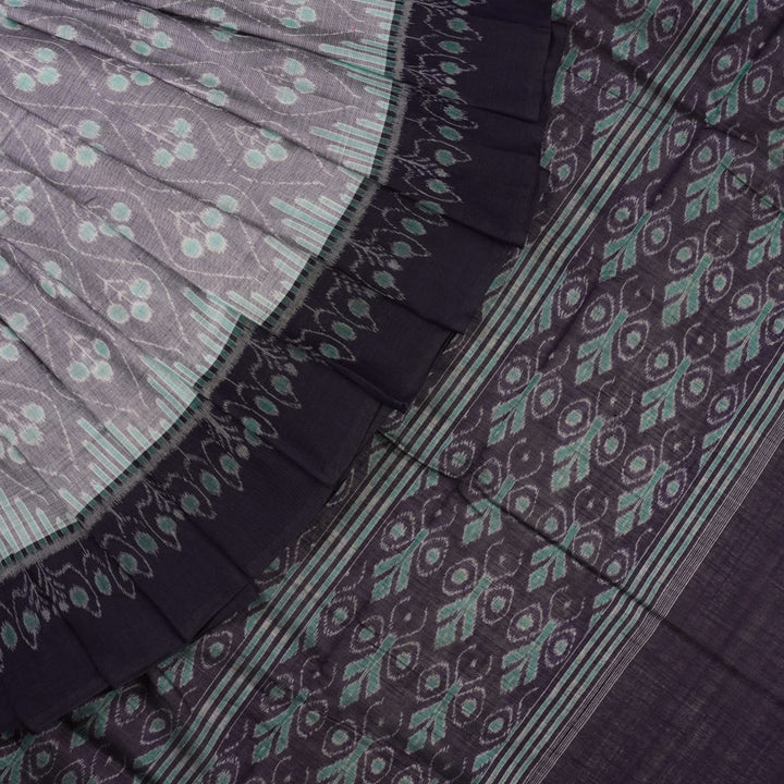 Full product layout of the grey and blue Sambalpuri cotton saree showing body motifs and pallu detail.