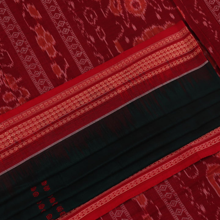 Full view of a green and red handloom Bomkai Cotton Saree with butta pattern.