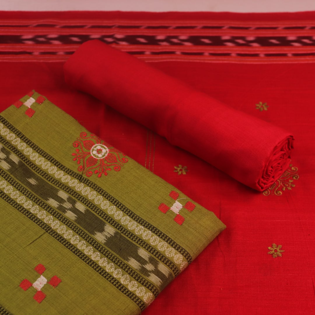 Sambalpuri cotton dress material's green and red motif blouse piece detail.