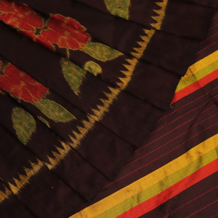 Full view of a brown and brown Khandua silk saree with intricate motif pattern.