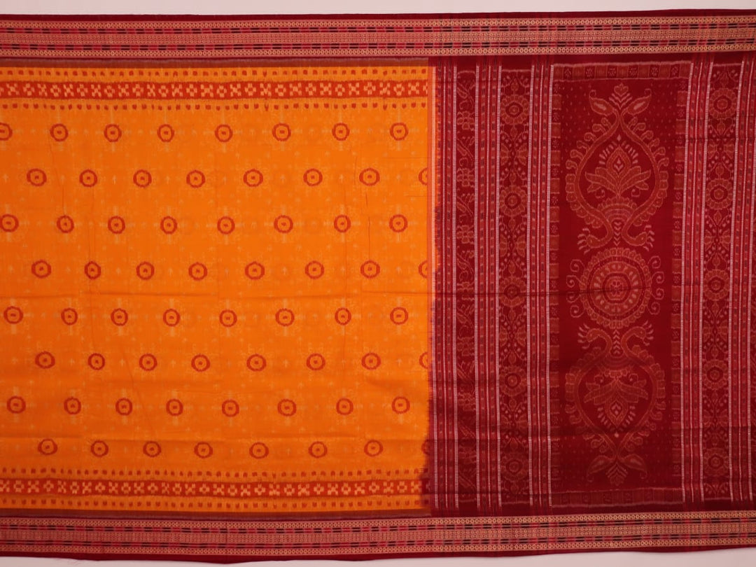 Full view of a vibrant yellow cotton Sambalpuri saree with maroon motifs and intricate border design