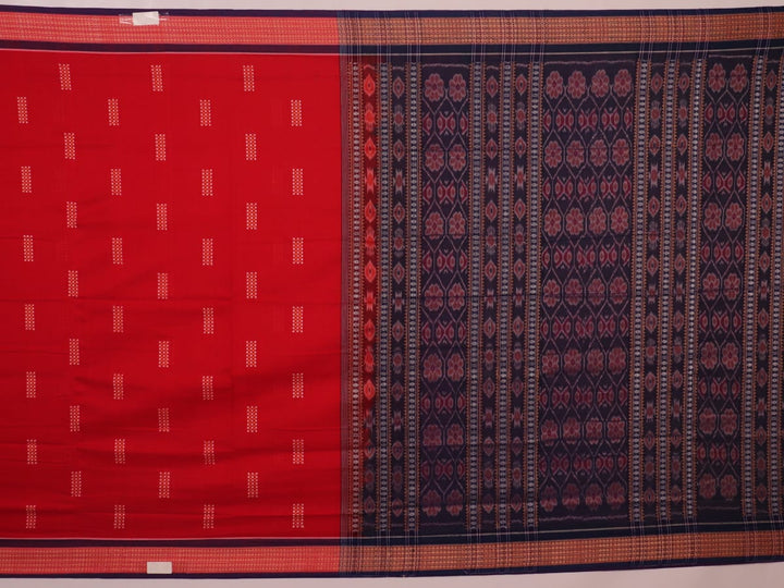 Red Bomkai cotton saree with purple butta pattern, displayed full length.