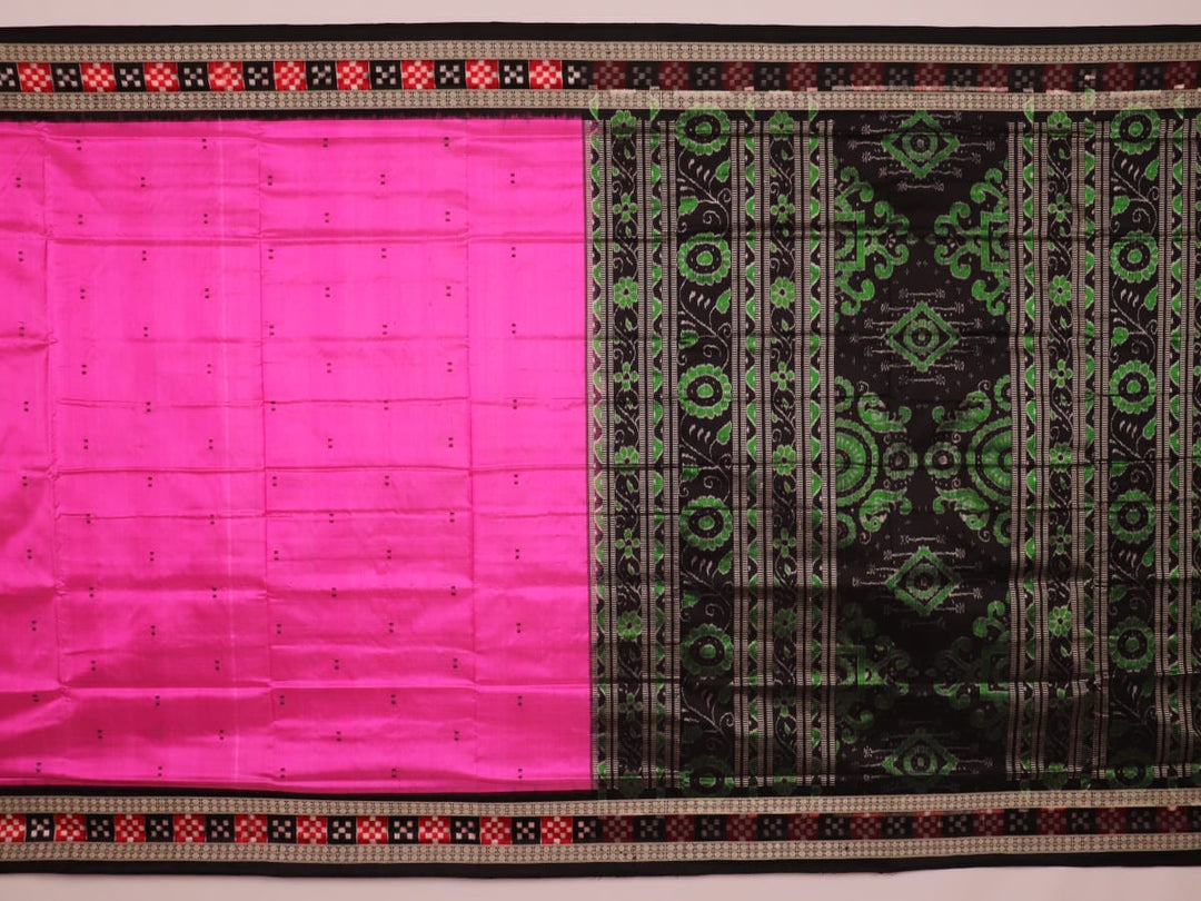 Close-up view of intricate Pasapalli pattern on a shimmering pink and black Sambalpuri silk saree