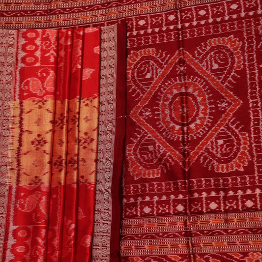 Close-up showcasing the fine texture of the silk material used in the Sambalpuri saree.