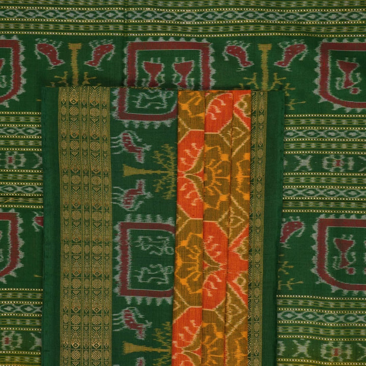 Full flat layout of the green Sambalpuri cotton saree displaying the complete body and pallu motifs