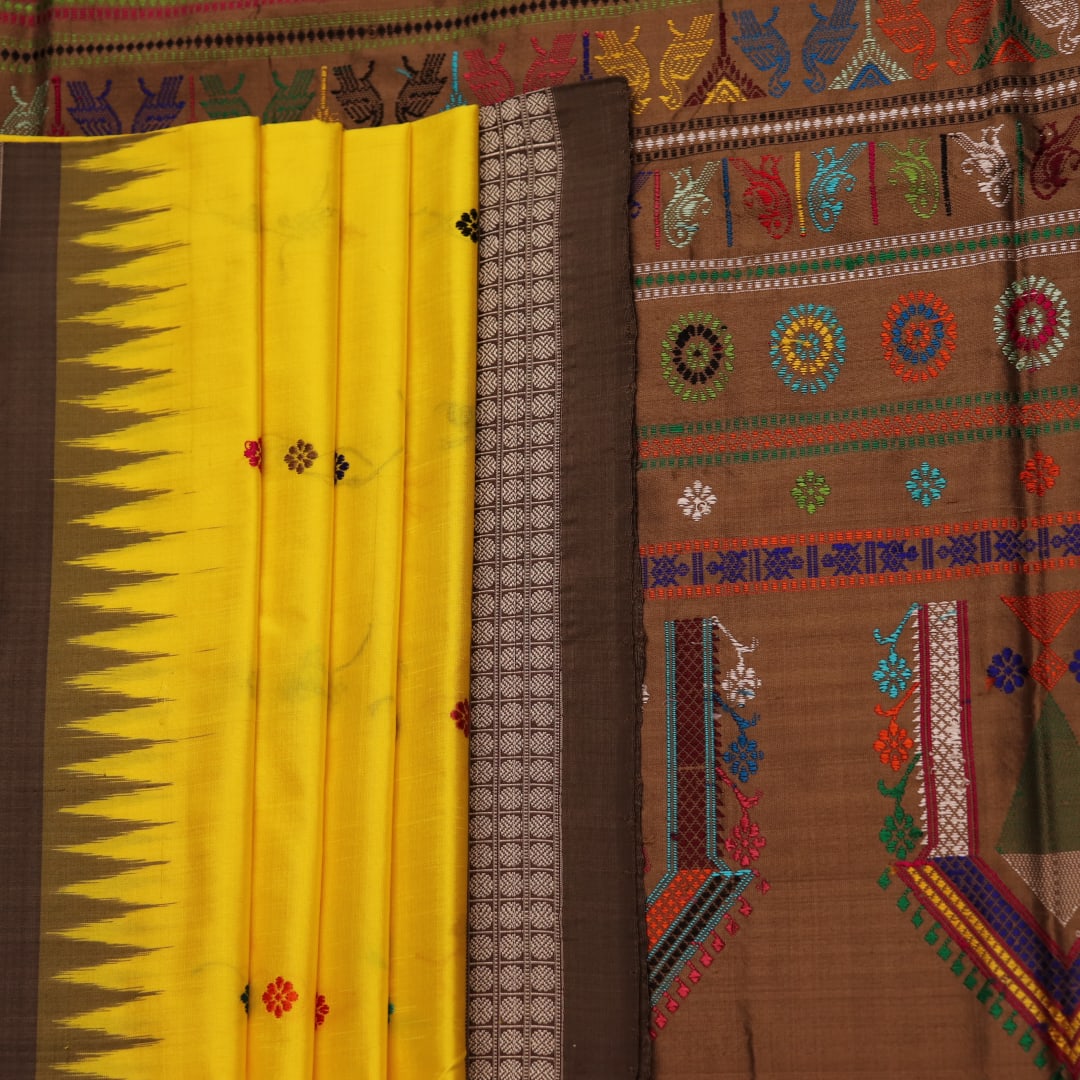 Close-up of Yellow and Brown Silk Saree fabric with Butta pattern