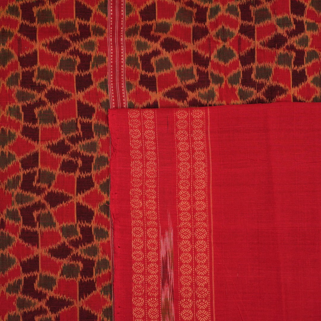 Full layout of red multi-color Sambalpuri cotton saree showcasing the overall ikat pattern and pallu design.