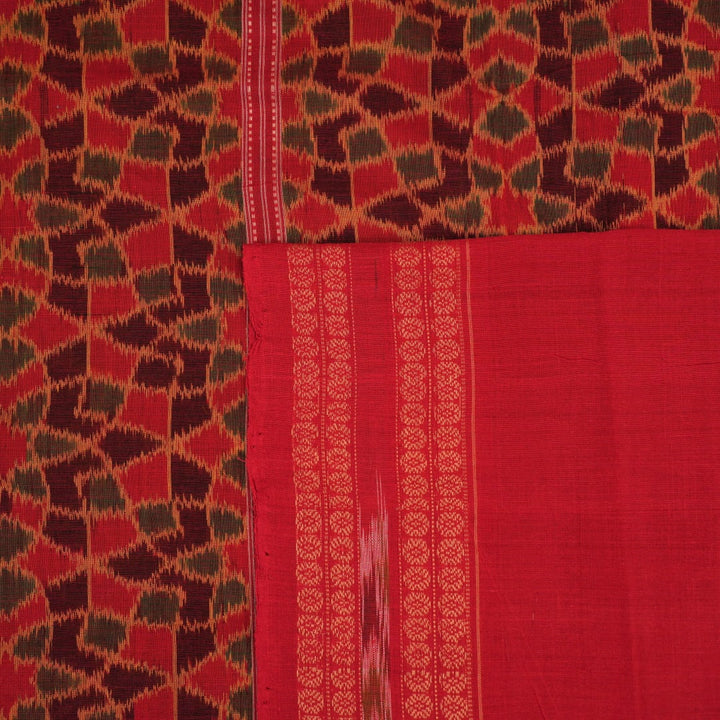 Full layout of red multi-color Sambalpuri cotton saree showcasing the overall ikat pattern and pallu design.