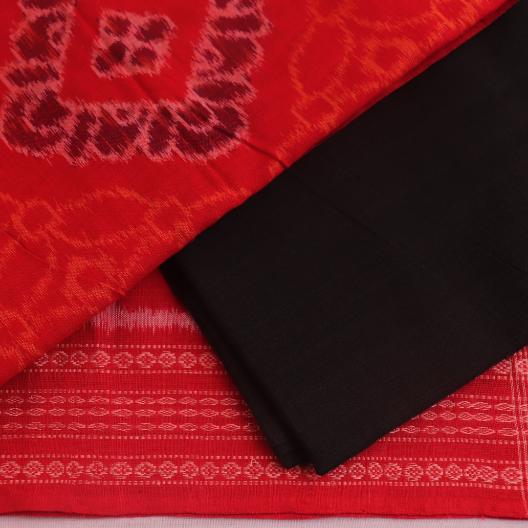 Blouse piece of red and black Sambalpuri cotton dress material with motifs.