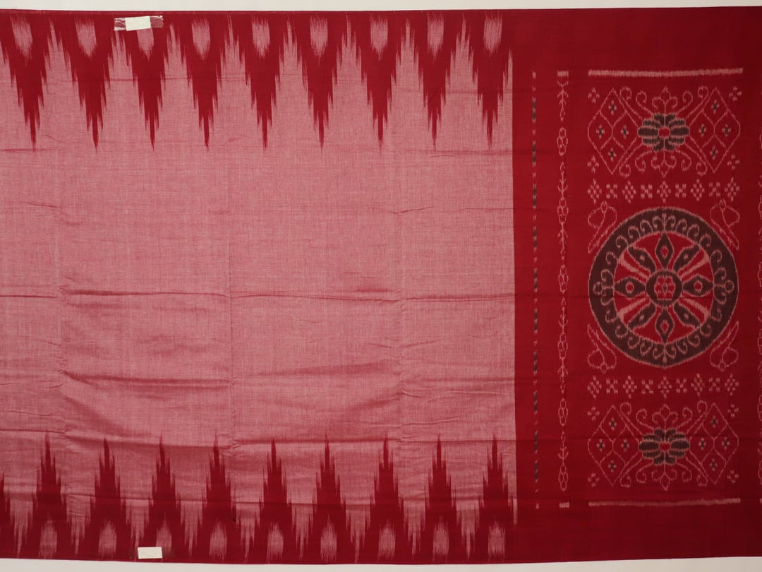 Draped multi-color Sambalpuri cotton saree with maroon highlights and plain body.