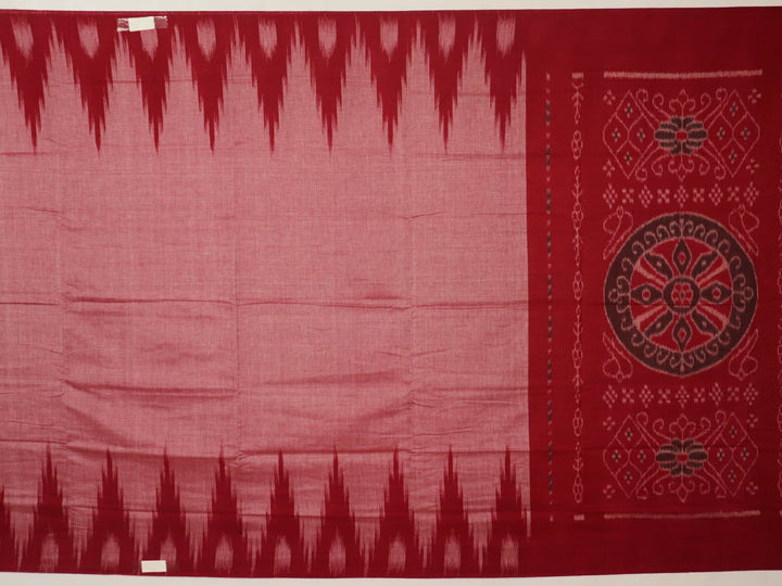 Draped multi-color Sambalpuri cotton saree with maroon highlights and plain body.