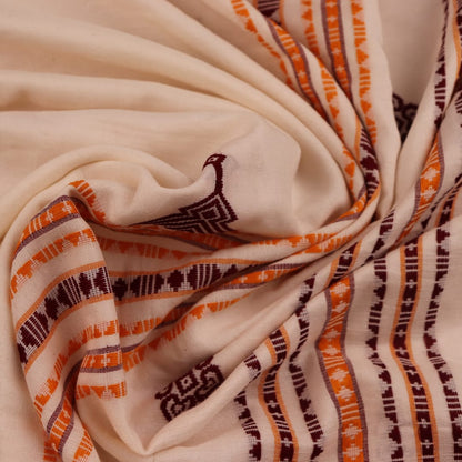 Full view of an exquisite cotton saree with intricate butta pattern in off-white and yellow.