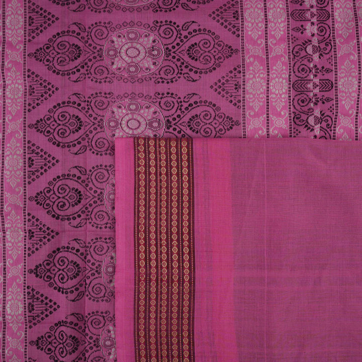 Full flat layout of the brown Bomkai cotton saree displaying the pink pallu and all-over butta pattern