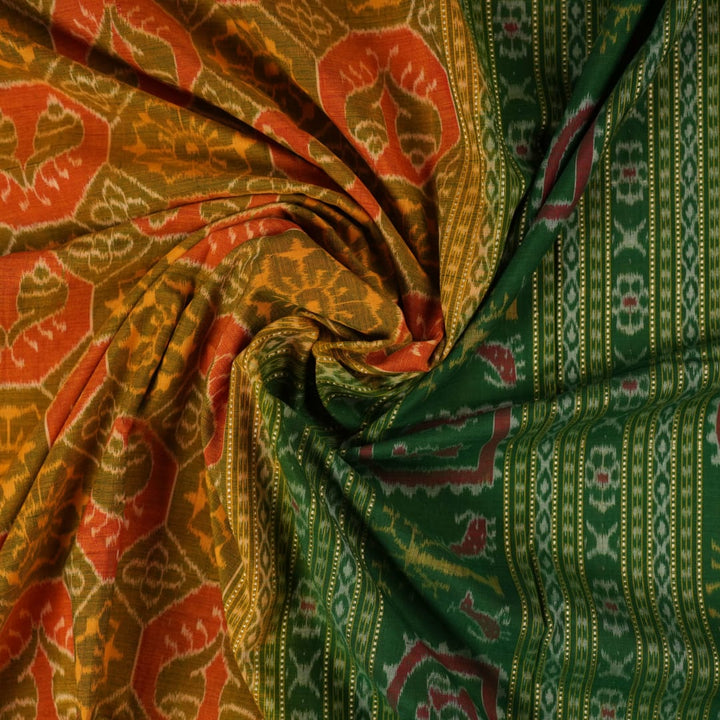 Full flat layout of the green Sambalpuri cotton saree displaying the complete body and pallu motifs