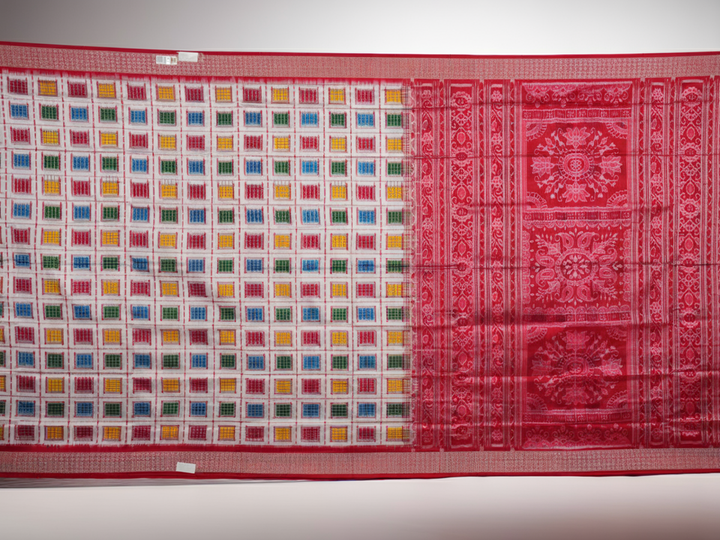 Close-up of the luxurious white Sambalpuri silk saree fabric, highlighting its rich texture and weave.