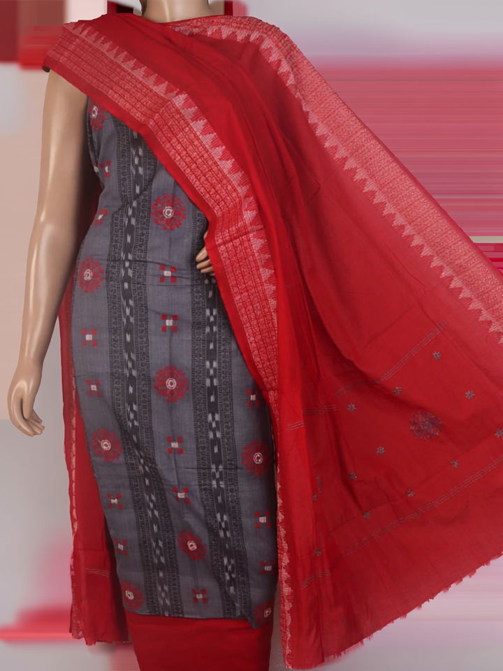 Sambalpuri cotton dress material blouse piece in grey and red with motifs.