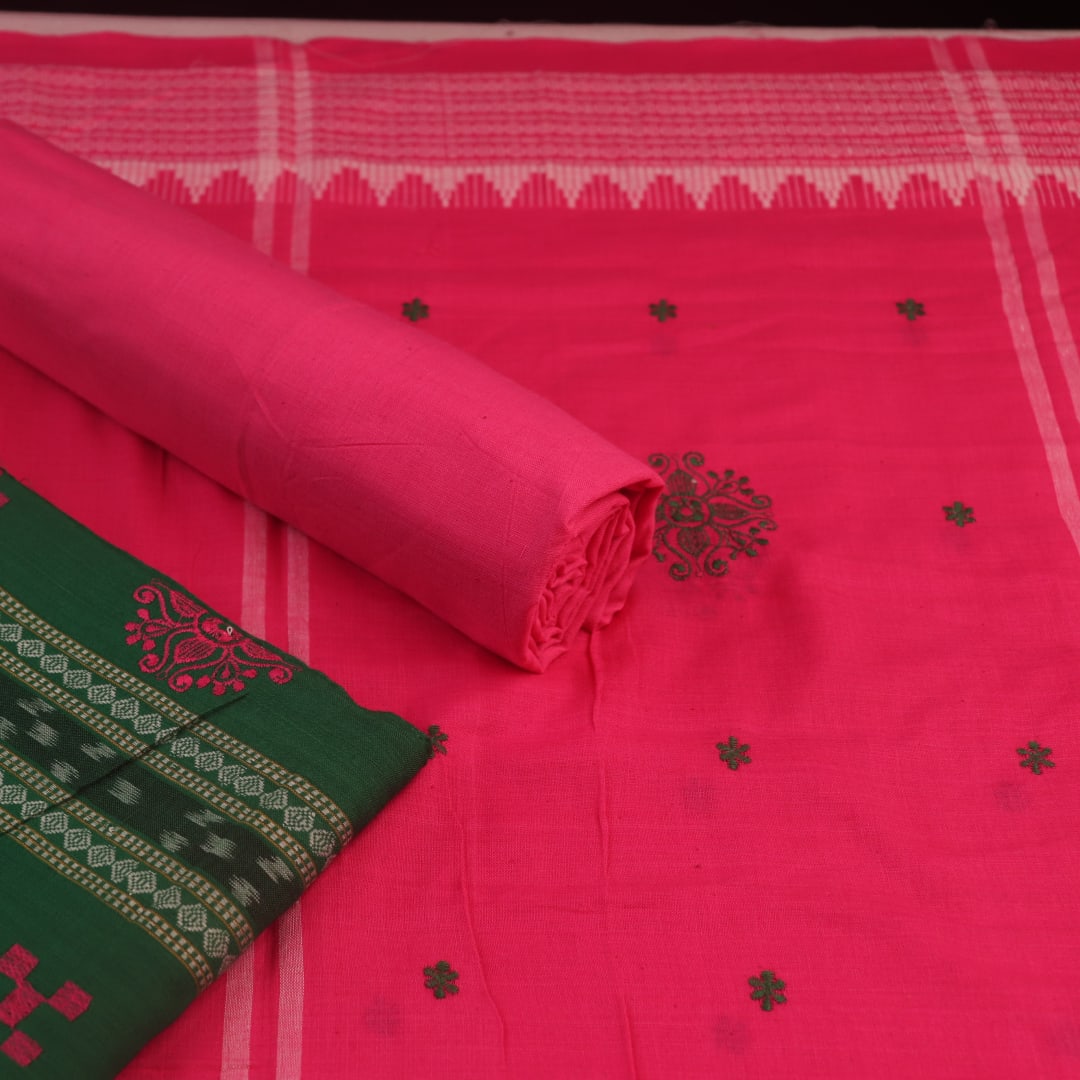 Detail of the blouse piece for a green Sambalpuri cotton dress material with pink motifs.