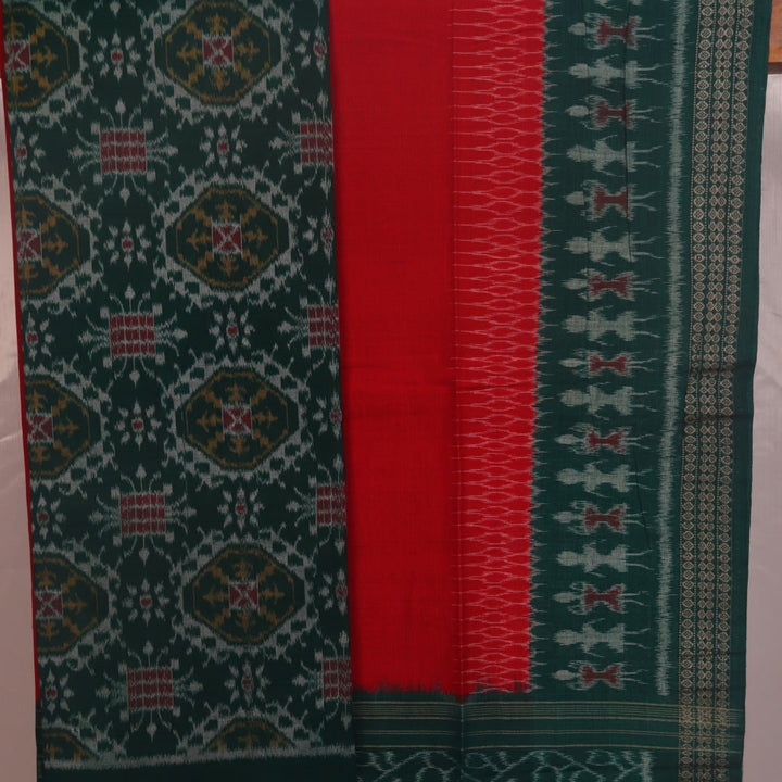 Green & red motif blouse piece detail for Sambalpuri cotton dress material.
