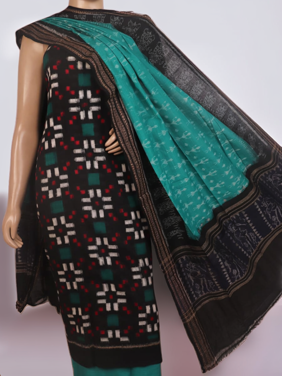 Detail of black cotton Sambalpuri dress material blouse piece with green Pasapalli pattern.