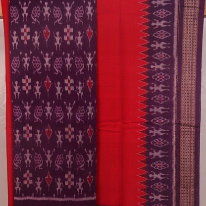 Detail of the violet and red Sambalpuri cotton dress material's blouse piece with motif patterns.