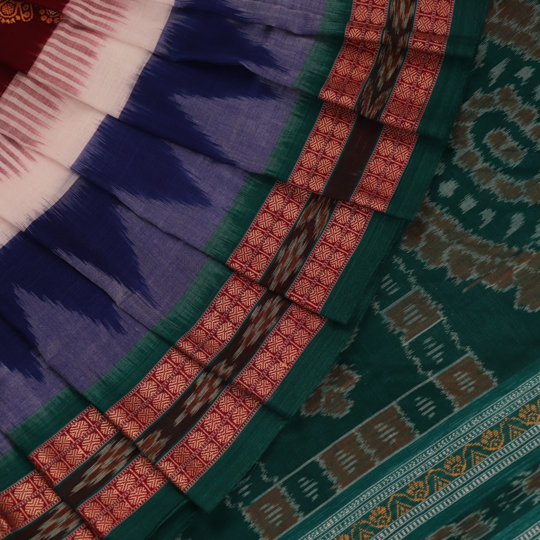 Full view of a multicolored green Bomkai cotton saree with butta pattern.