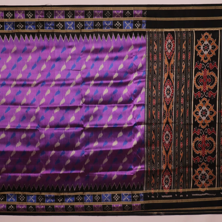 Full view of a violet and black Khandua silk saree showcasing its intricate motifs and elegant drape.