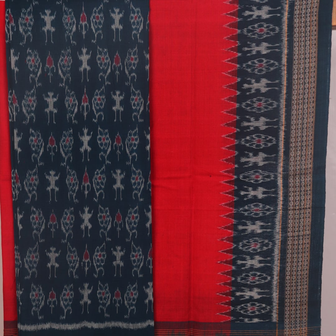 Blue Sambalpuri cotton dress material: Detail of red motif blouse piece.