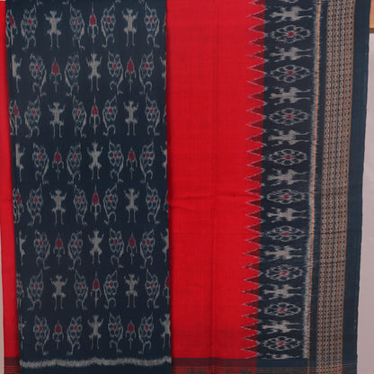 Blue Sambalpuri cotton dress material: Detail of red motif blouse piece.