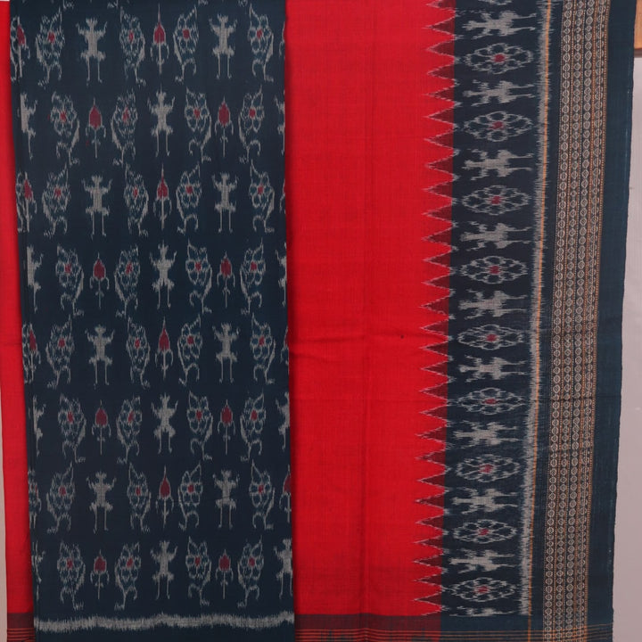 Blue Sambalpuri cotton dress material: Detail of red motif blouse piece.