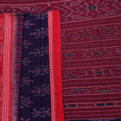 Blue Sambalpuri cotton saree draped, showcasing the overall styling and motifs.