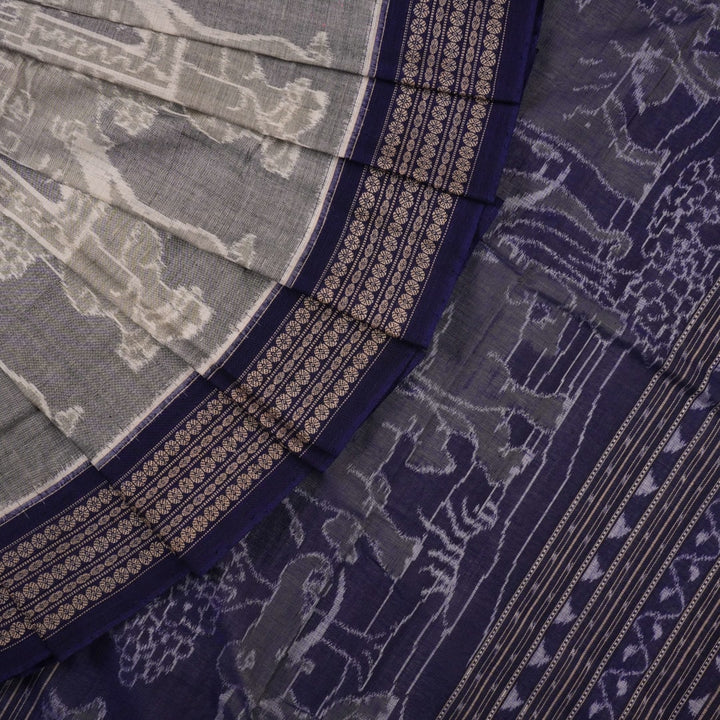 Full layout of the grey and blue Sambalpuri cotton saree displaying the body, border, and intricate pallu