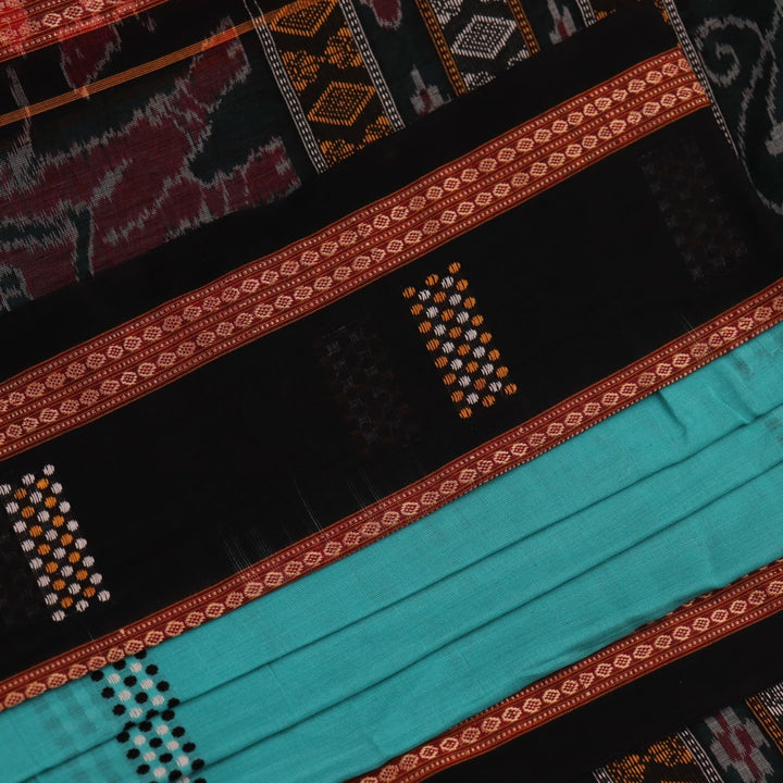 Full view of a green and black cotton Bomkai saree featuring traditional butta patterns