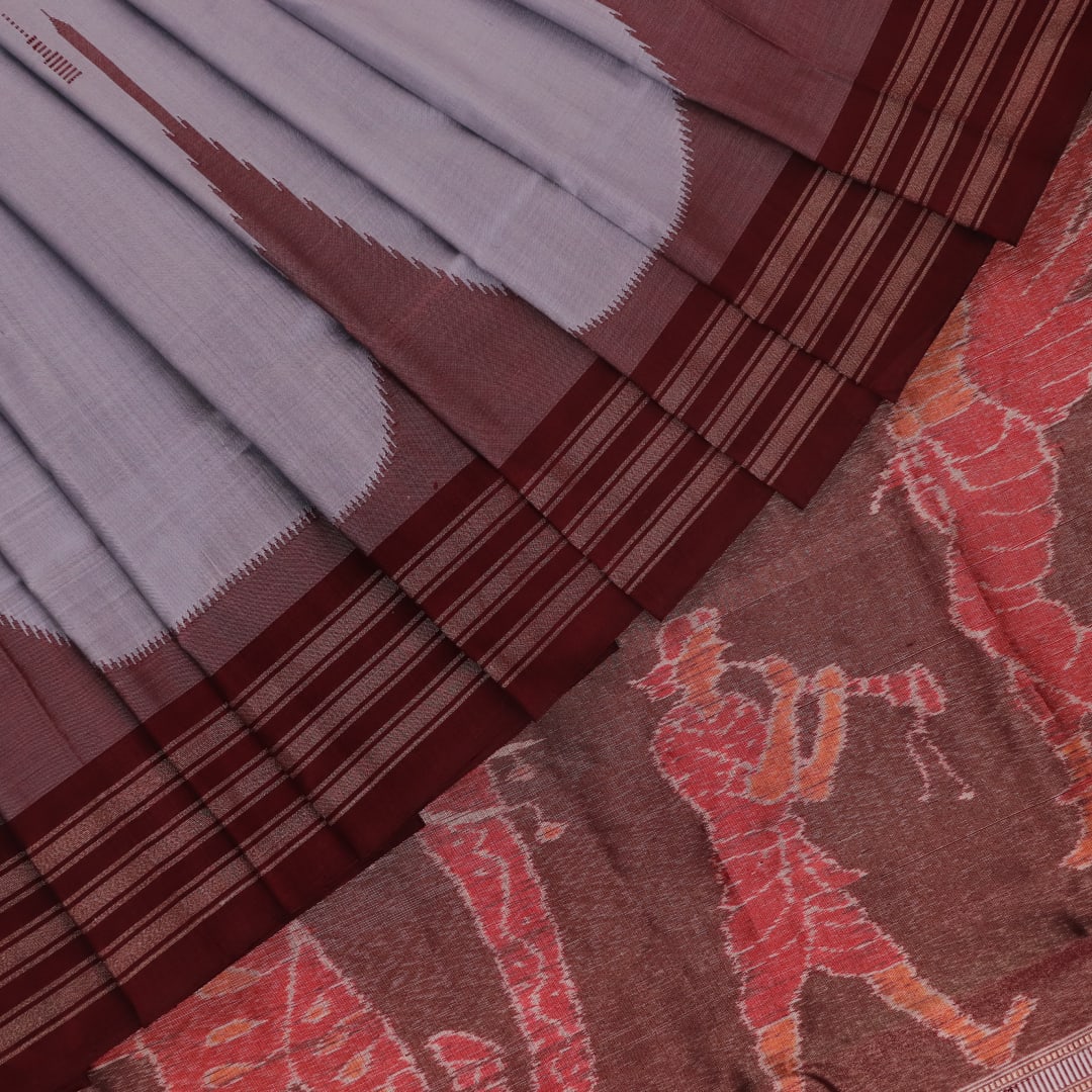 Handloom Grey Sambalpuri Silk Saree with Maroon border