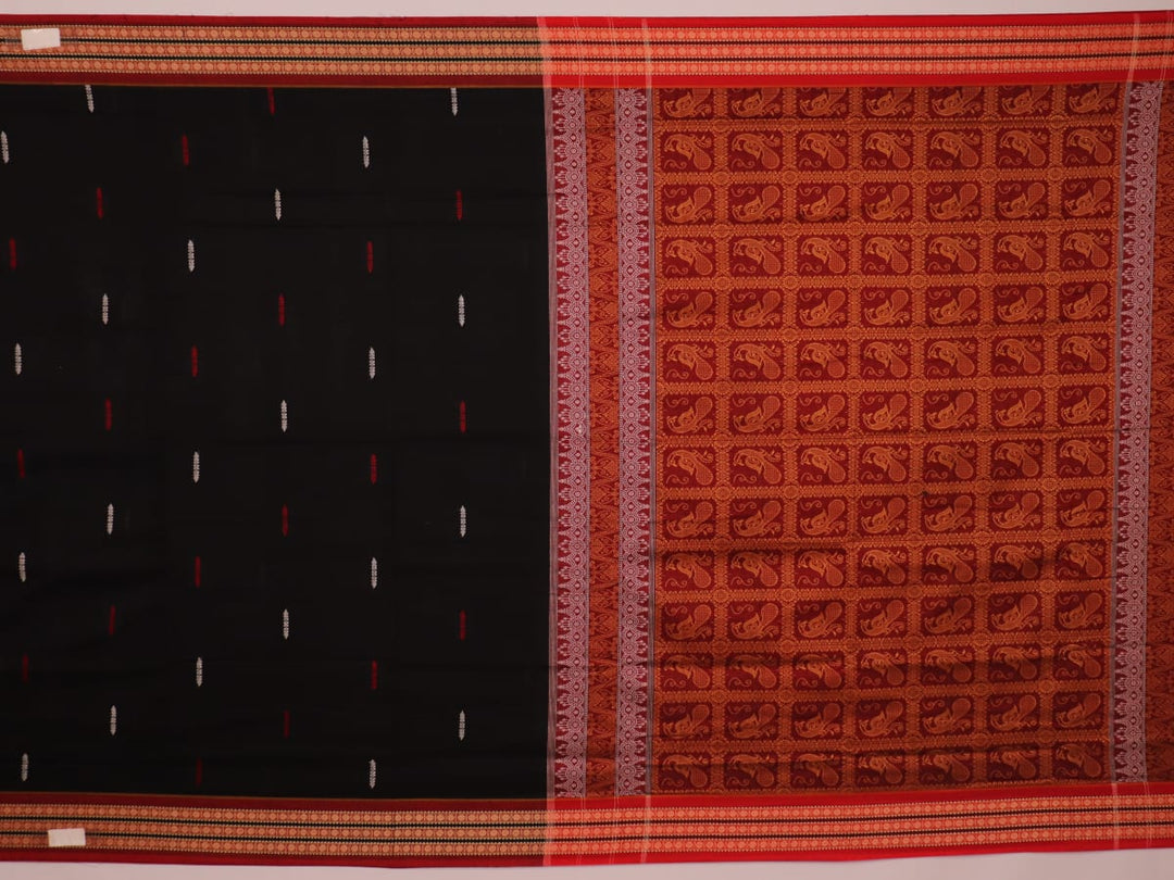 Full view of a black cotton Bomkai saree with rust-colored butta patterns and pallu.